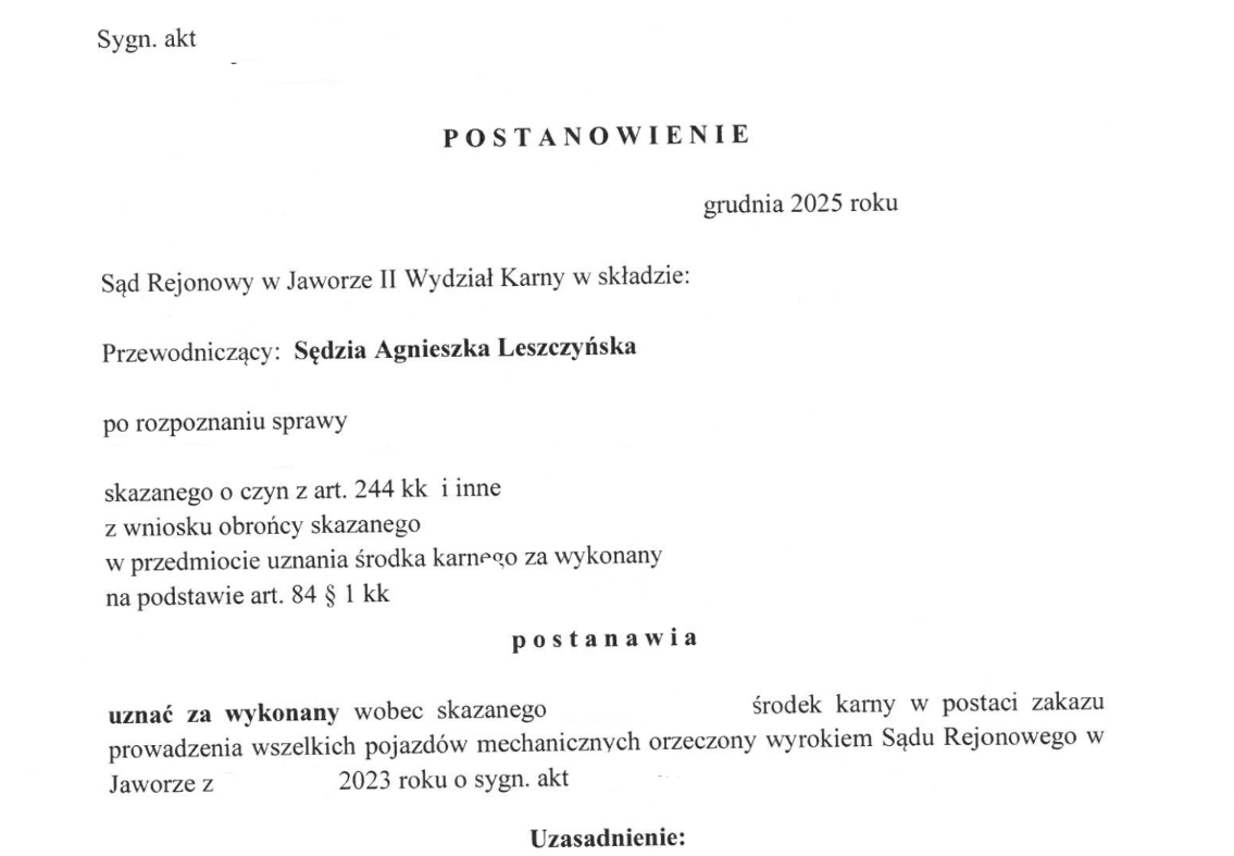 Uznanie zakazu prowadzenia pojazdów za wykonany